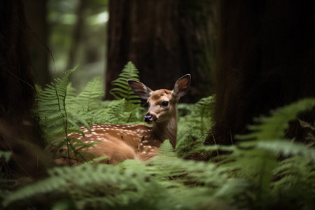 Young whitetail deer fawn in a fern forest.の素材