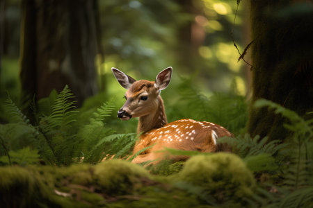 Young whitetail deer in the forest with ferns.の素材