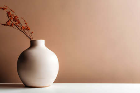 Vase with dried flowers on white table and brown wall background.の素材