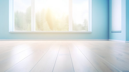 Empty room with wooden floor and window view. 3D Renderingの素材