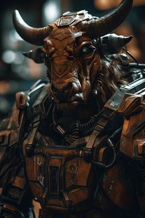 Close-up portrait of a statue of a warrior with horns.の素材