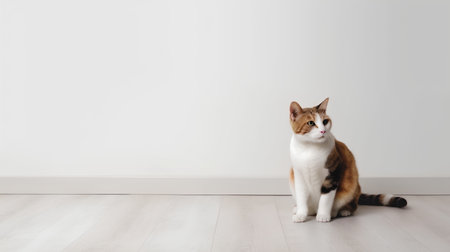 Tricolor cat sitting on the floor in front of a white wallの素材