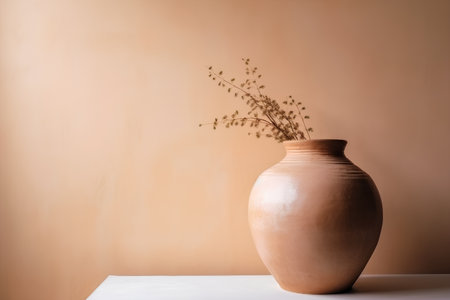 Vase with dry flowers on the table and brown wall background.の素材
