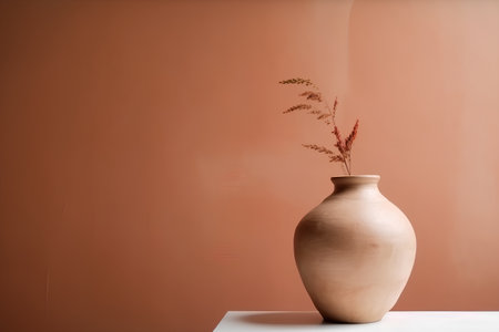 Clay vase with dry plant on white table and orange wallの素材