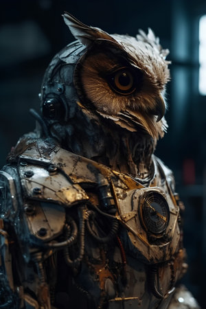 Owl in the armor of an ancient warrior in the museum.の素材
