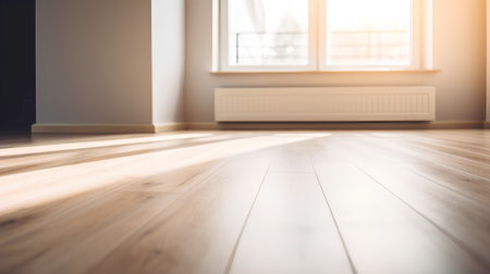 Wooden floor in empty room with window and sunlight. 3d renderingの素材