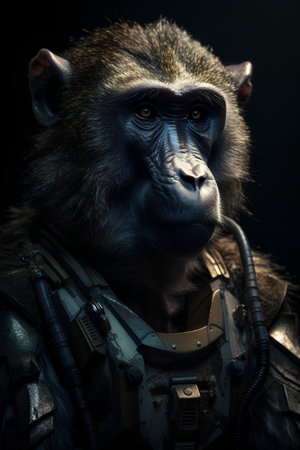 Portrait of a gorilla in a military suit on a black backgroundの素材