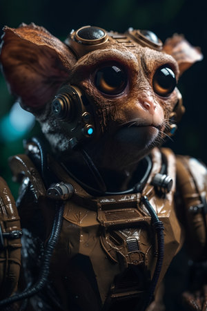 Portrait of a cute little alien in an astronaut suit. Fantasy world.の素材