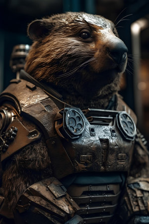 Close-up portrait of a bear in the armor of a knightの素材