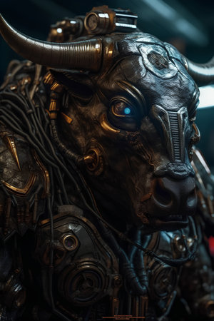 Closeup of a robot head in a dark space. 3D rendering.の素材