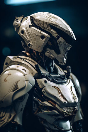 closeup of a robot in a science fiction space suit and helmetの素材