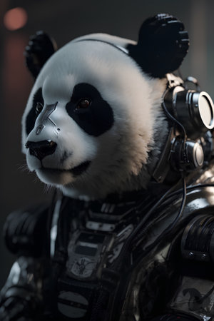Portrait of giant panda in cosmonaut costume. 3d renderingの素材