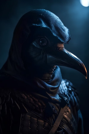 Portrait of a raven in a dark room with lights and smokeの素材