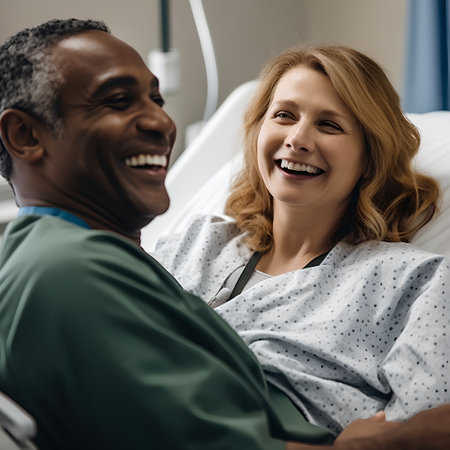 Portrait of a smiling doctor and patient sitting in a hospital wardの素材