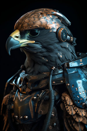 Close-up portrait of an eagle in armor. 3d renderingの素材