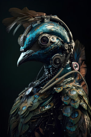 Portrait of a robot with blue feathers on a black background.の素材
