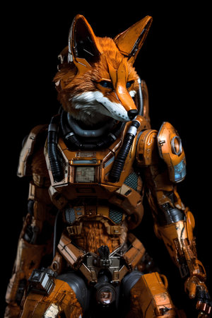 Futuristic robot with fox fur isolated on black background. 3d rendering.の素材