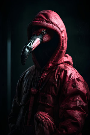 Portrait of a masked burglar in a red raincoat.の素材