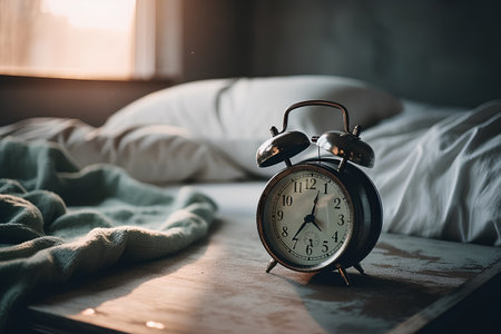 Alarm clock on the bed. The concept of waking up.の素材