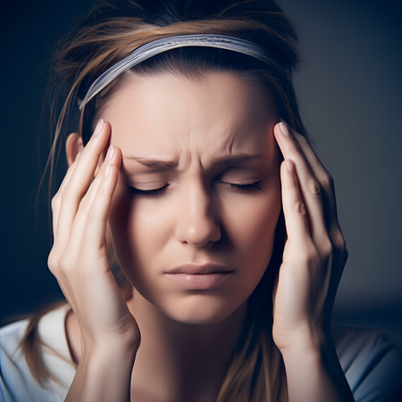 Closeup portrait of a young woman suffering from headache over dark backgroundの素材