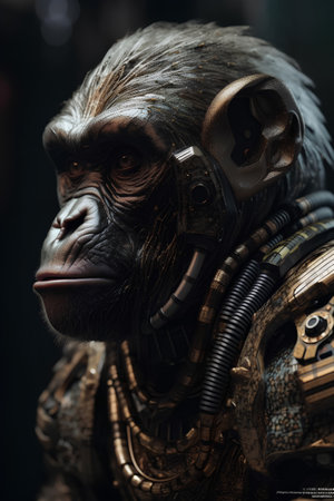 Close-up portrait of a chimpanzee in a robot suit.の素材