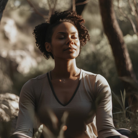 Young african american woman relaxing in the forest, looking awayの素材