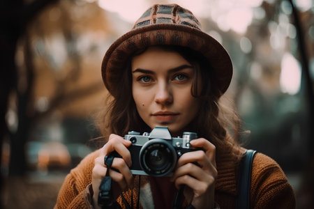 Portrait of a beautiful girl in a hat with a camera in her handsの素材