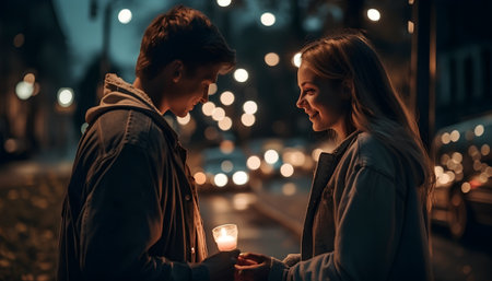 Romantic young couple in love dating in the city at night.の素材
