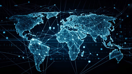 World map on a technological background, glowing lines symbols of the Internet, radio and television.の素材