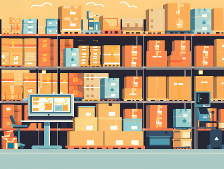 Warehouse interior with shelves full of boxes and boxes, vector illustrationの素材