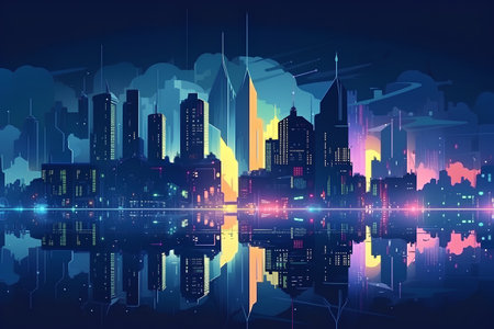 Night city with skyscrapers and reflection in water. Vector illustrationの素材