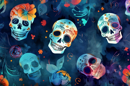 Seamless pattern with watercolor mexican skull and flowersの素材