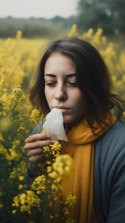 Young woman sneezing in a field of blooming rapeseedの素材