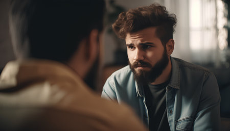Young man with a beard and mustache is talking to his psychologist.の素材
