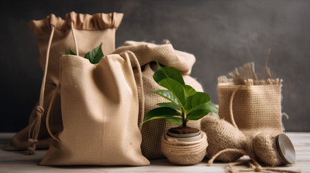 Zero waste concept. Eco friendly bags with plants on wooden table.の素材