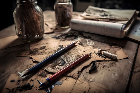 Pencils and old papers on a wooden table, still lifeの素材