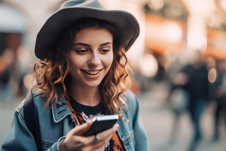 Cheerful young woman in hat using mobile phone in the cityの素材