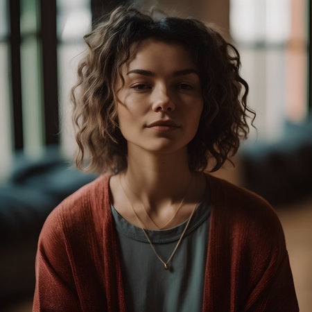 Portrait of a beautiful young woman with curly hair in a red sweater.の素材