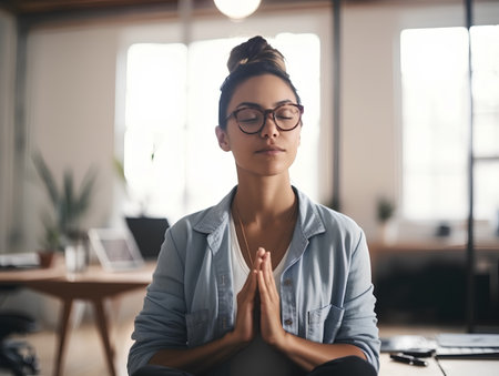 Young businesswoman meditating in office, sitting in lotus position.の素材