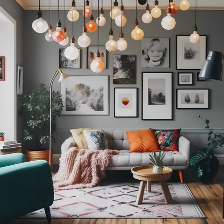 Interior of living room with sofa, coffee table and pictures on wallの素材