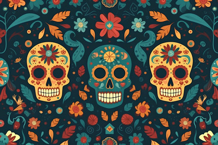 Seamless pattern with mexican sugar skulls and floral ornamentの素材
