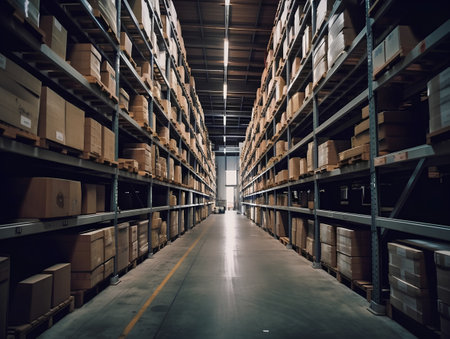 Warehouse interior with shelves and rows of boxes, toned imageの素材
