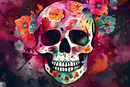 Colorful watercolor skull with flowers on grunge background. Vector illustrationの素材