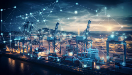 Double exposure of container terminal and freight ship with network connection,logistics and transportation concept.の素材