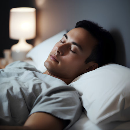 Young Asian man sleeping in bed at night, close-up.の素材