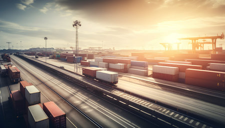 Cargo freight train and container terminal at sunset. Freight transportation backgroundの素材