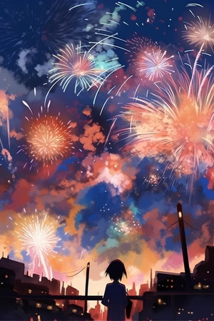 Silhouette of a woman in front of a city with fireworksの素材