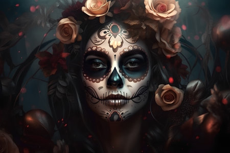 Beautiful woman with sugar skull makeup and floral wreath over dark backgroundの素材
