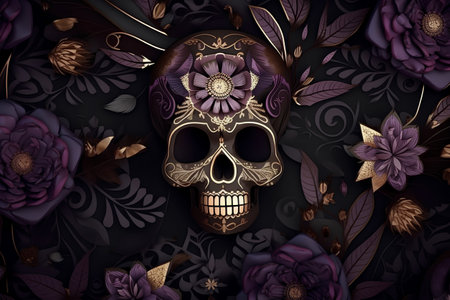 3d illustration of a skull with floral ornament on a dark backgroundの素材