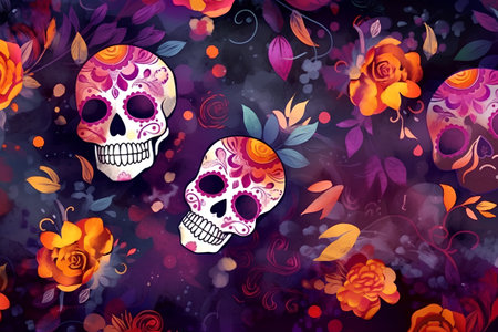 Day of the Dead floral background with sugar skulls and flowers. Vector illustration.の素材